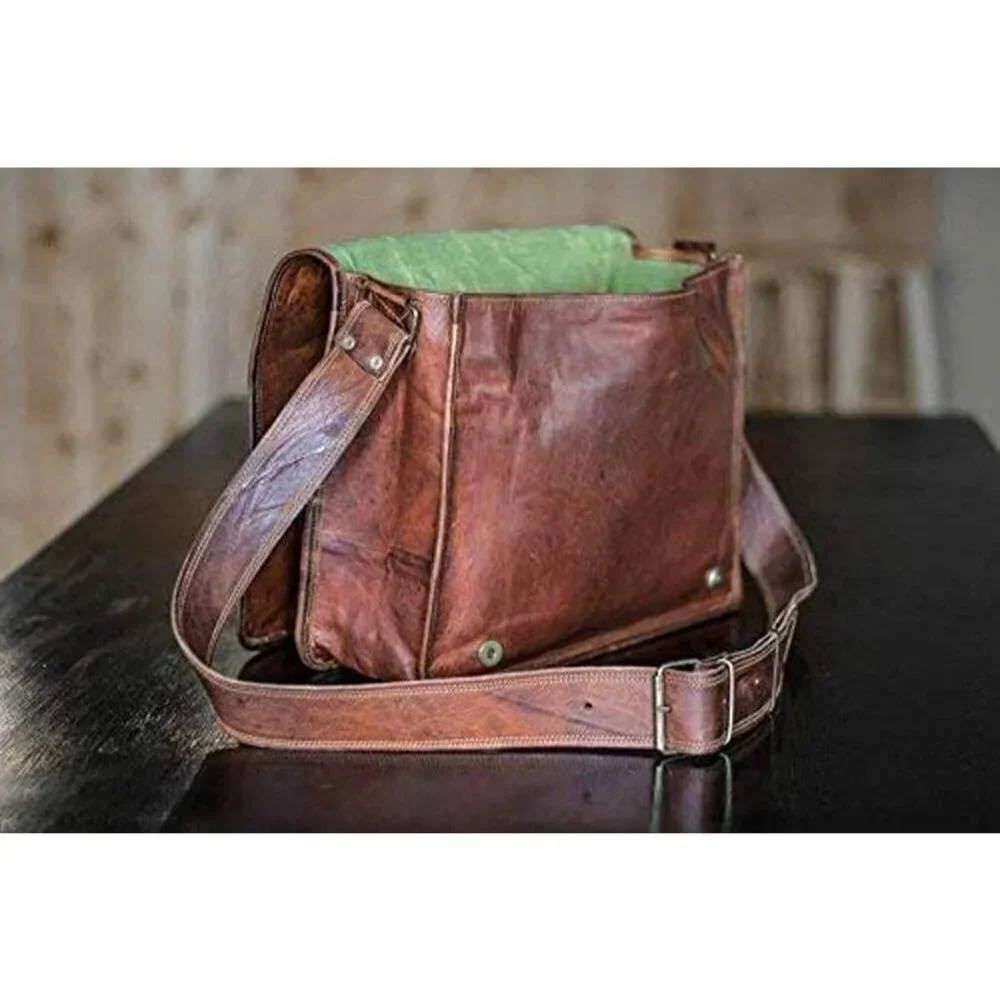 💫 Men Brown Leather Full Flap Handmade Laptop Satchel Padded Messenger Bag